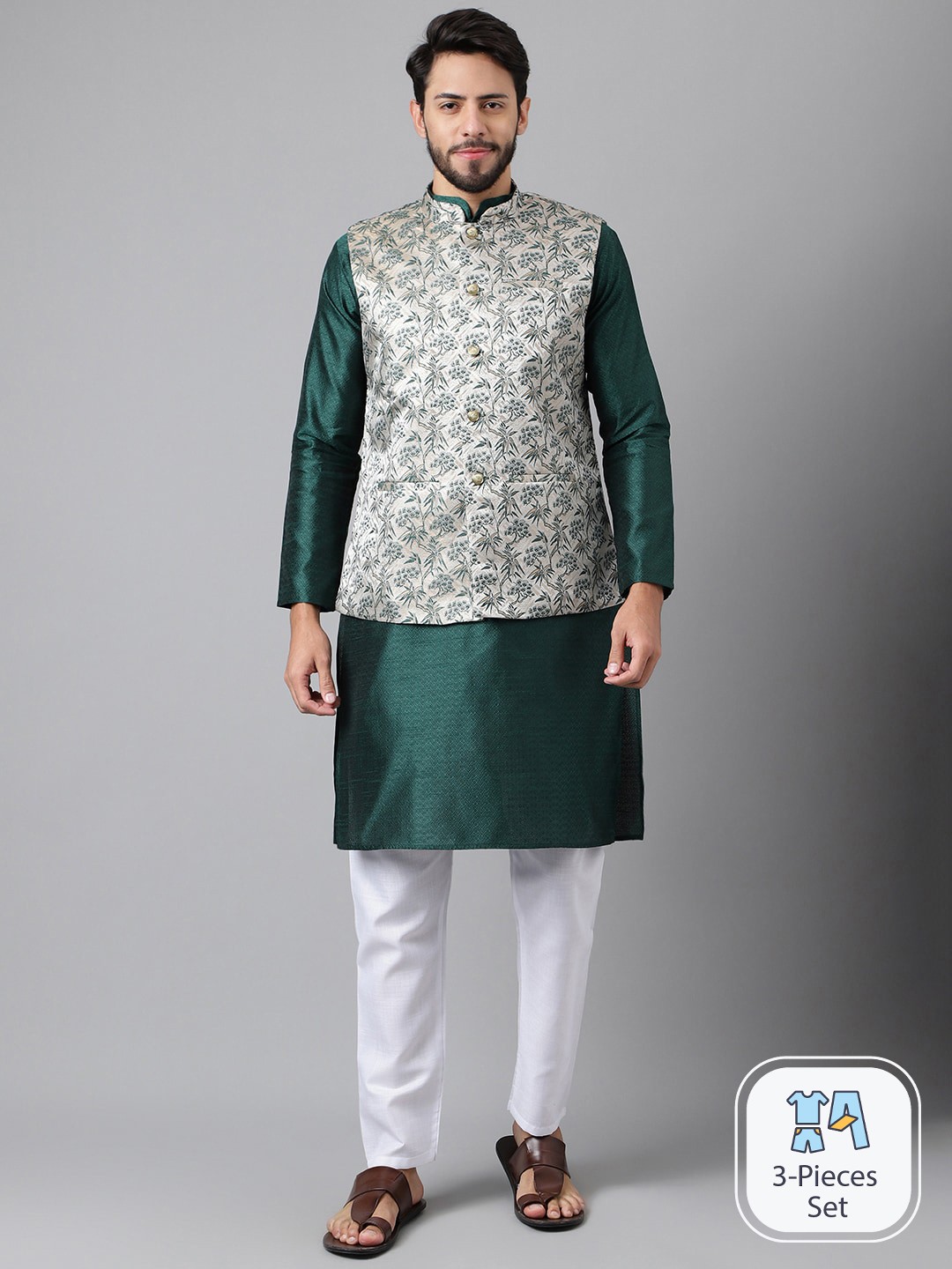 

Anubhutee Woven Design Mandarin Collar Kurta With Pyjamas & Nehru jacket, Green