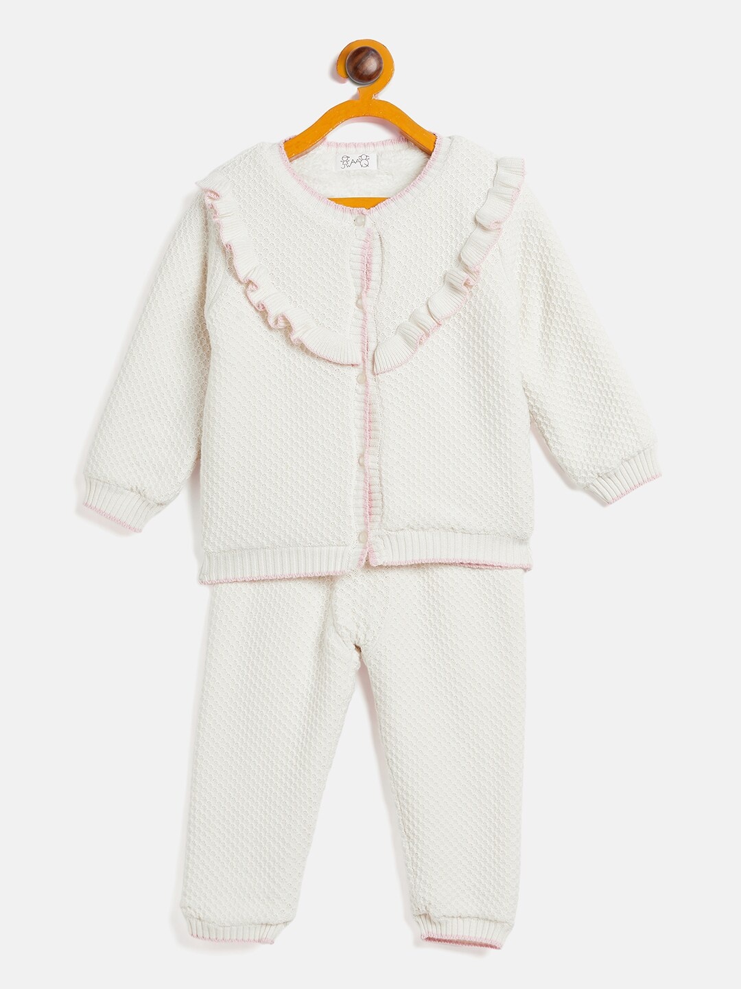 

JWAAQ Girls Self Design Long Sleeves Fur Detail Pure Cotton T-Shirt & Pyjamas, Off white