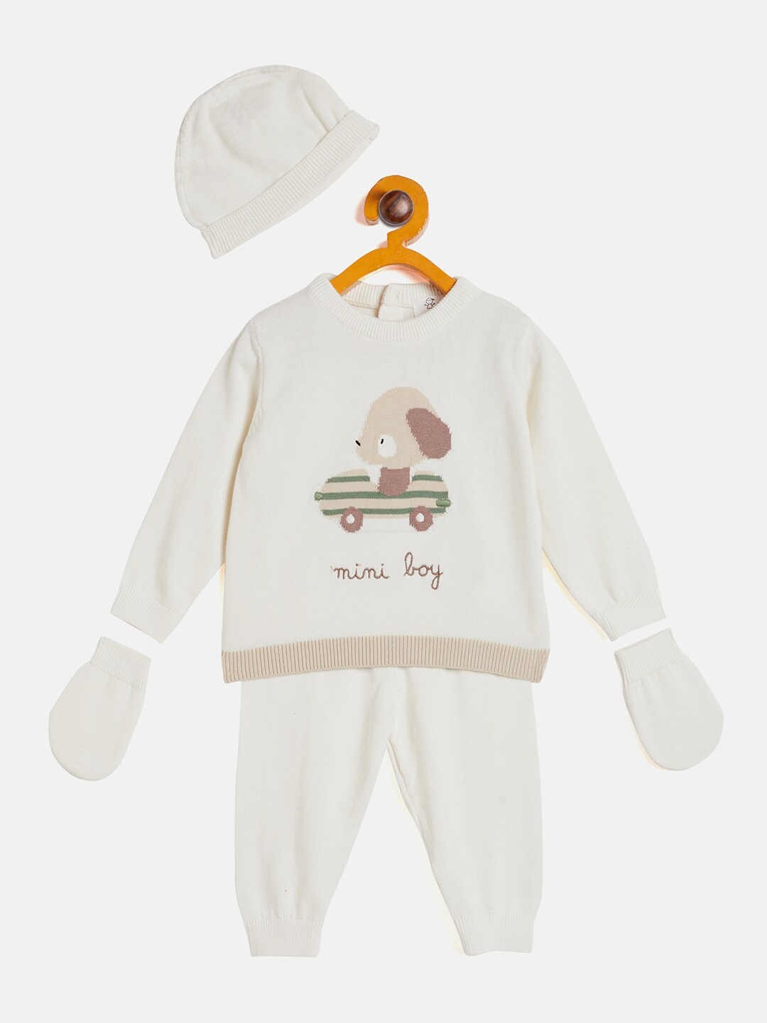 

JWAAQ Infants Printed Pure Cotton Sweatshirt & Pyjamas With Cap & Mittens, Off white