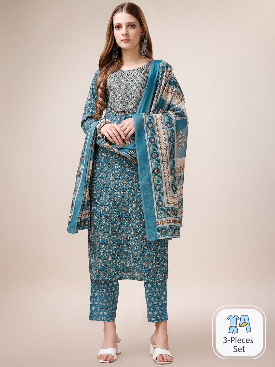 

Berrylicious Paisley Printed Pure Cotton Straight Kurta & Trousers With Dupatta, Blue