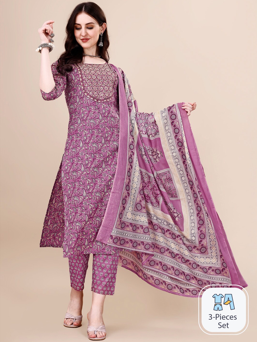 

Berrylicious Paisley Printed Pure Cotton Straight Kurta & Trousers With Dupatta, Purple