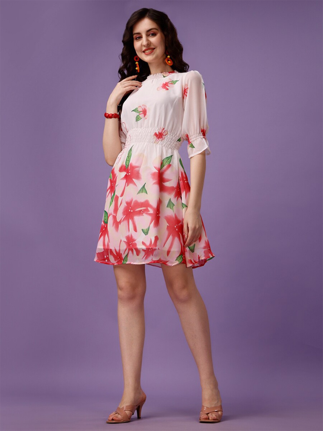 

KALINI Floral Printed Georgette Fit & Flare Dress, Pink