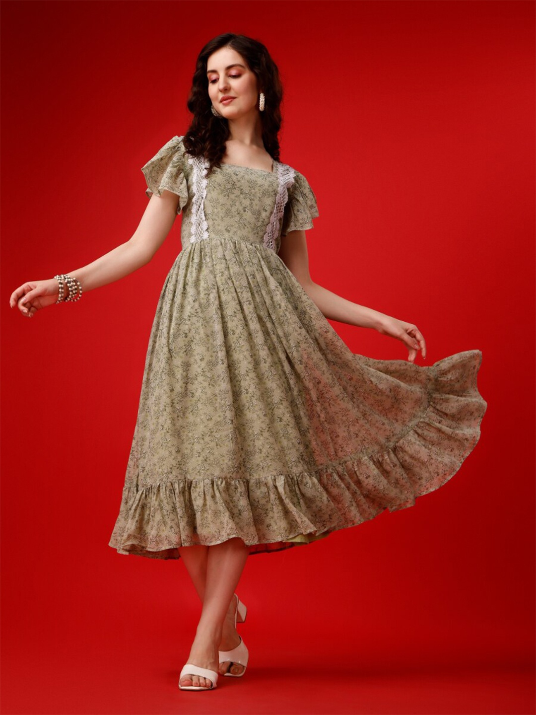 

KALINI Flutter Sleeves Square Neck Georgette A-Line Midi Dress, Green