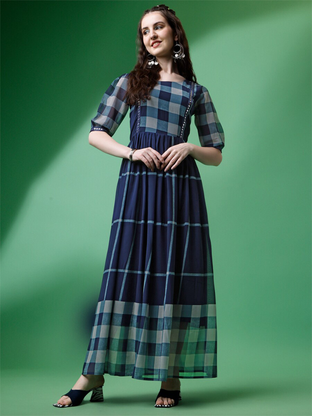 

KALINI Checked Round Neck Chiffon Maxi Dress, Navy blue