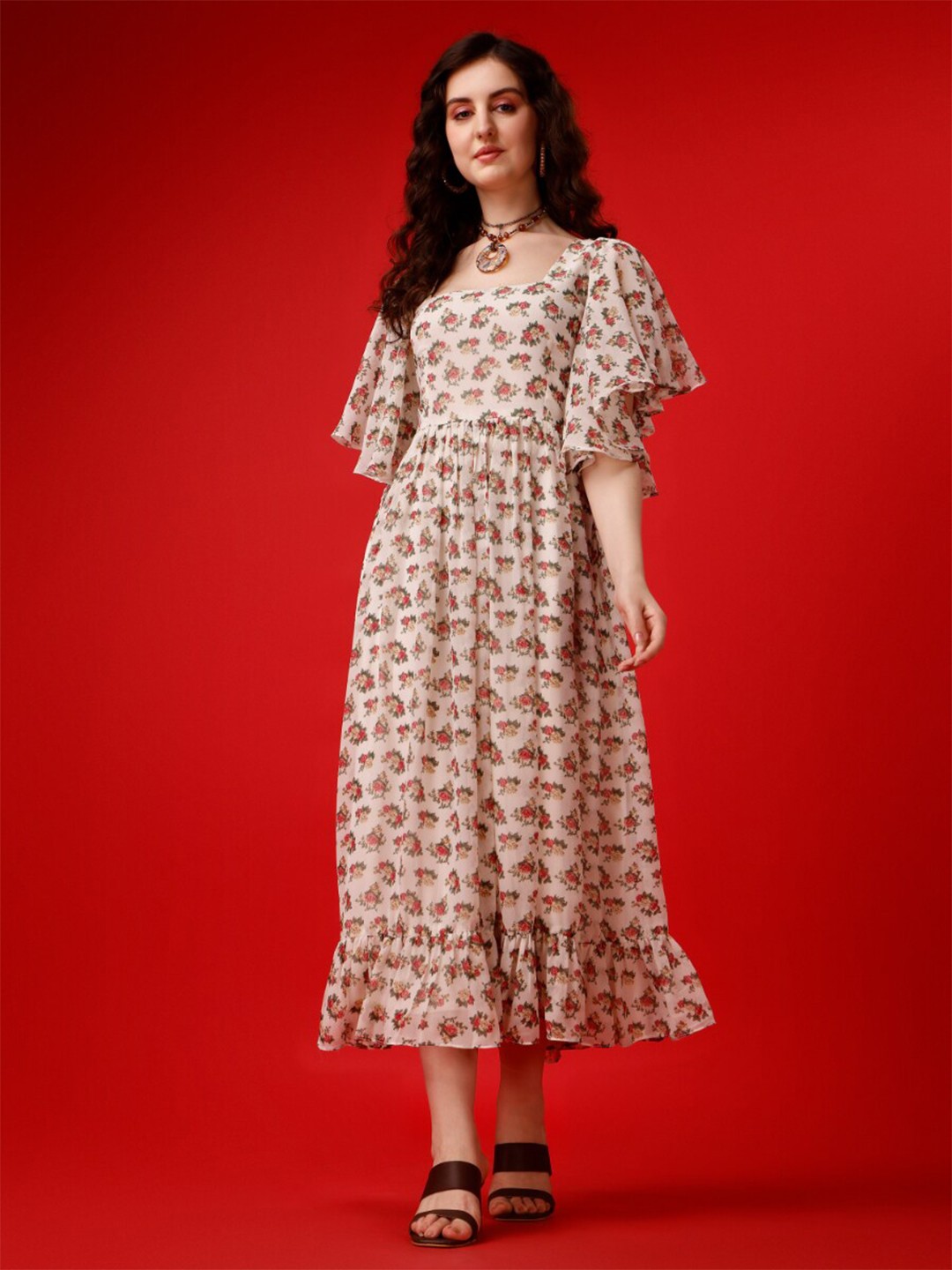 

KALINI Floral Printed Flared Sleeve Georgette A-Line Midi Dress, White