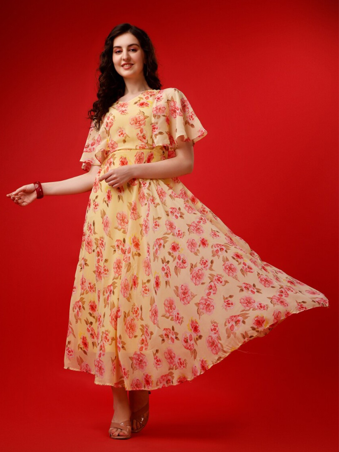 

KALINI Floral Printed Flared Sleeves Georgette A-Line Midi Dress, Yellow