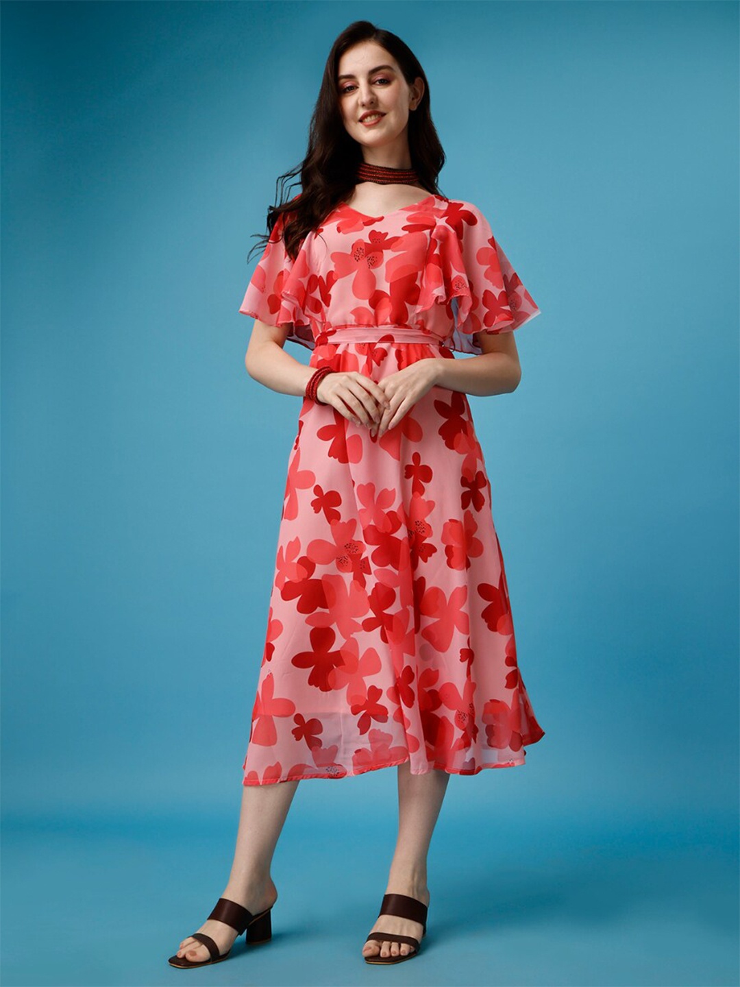 

KALINI Floral Printed Flared Sleeve Fit & Flare Midi Dress, Pink