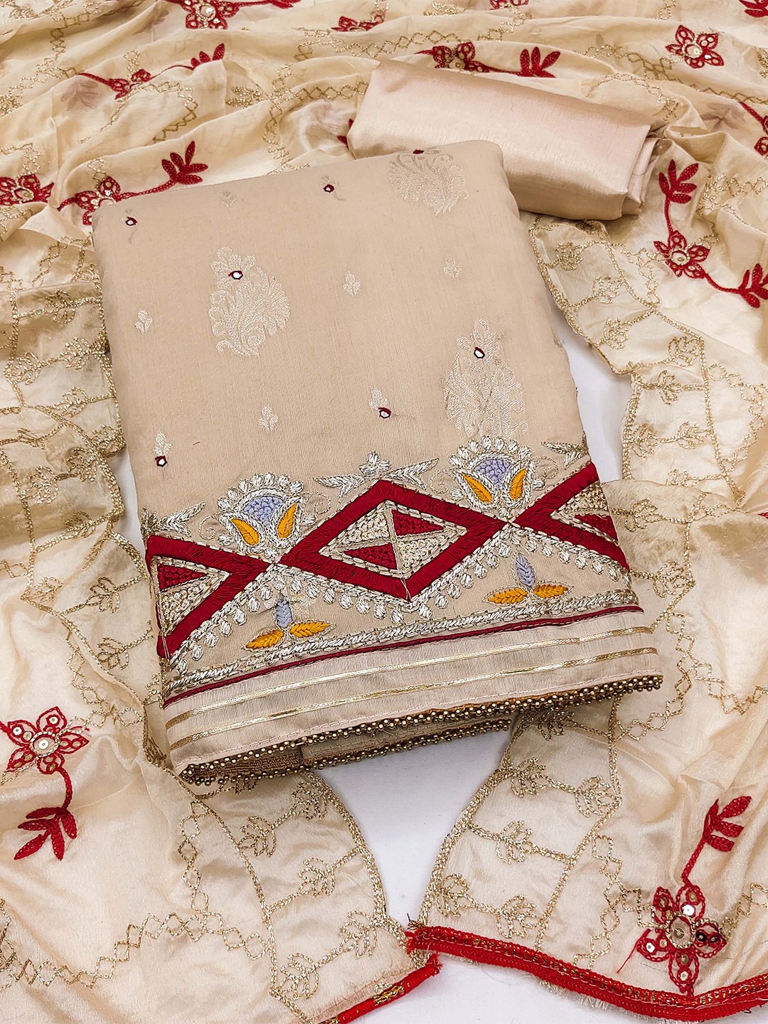 

KALINI Floral Embroidered Mirror Work Unstitched Dress Material, Beige
