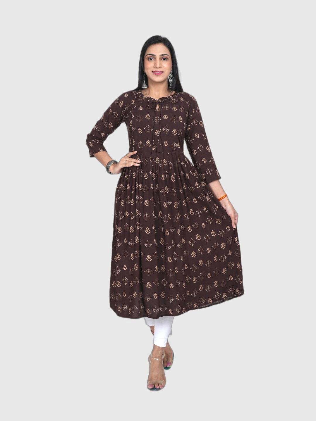 

Ayukti Ethnic Motifs Printed Tie-Up Neck Anarkali Kurta, Brown