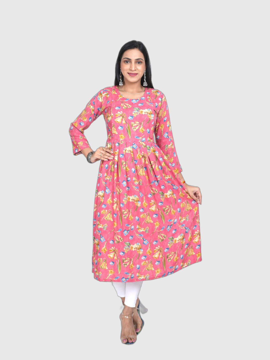 

Ayukti Pink Floral Printed Round Neck Maternity & Feeding Anarkali Kurta