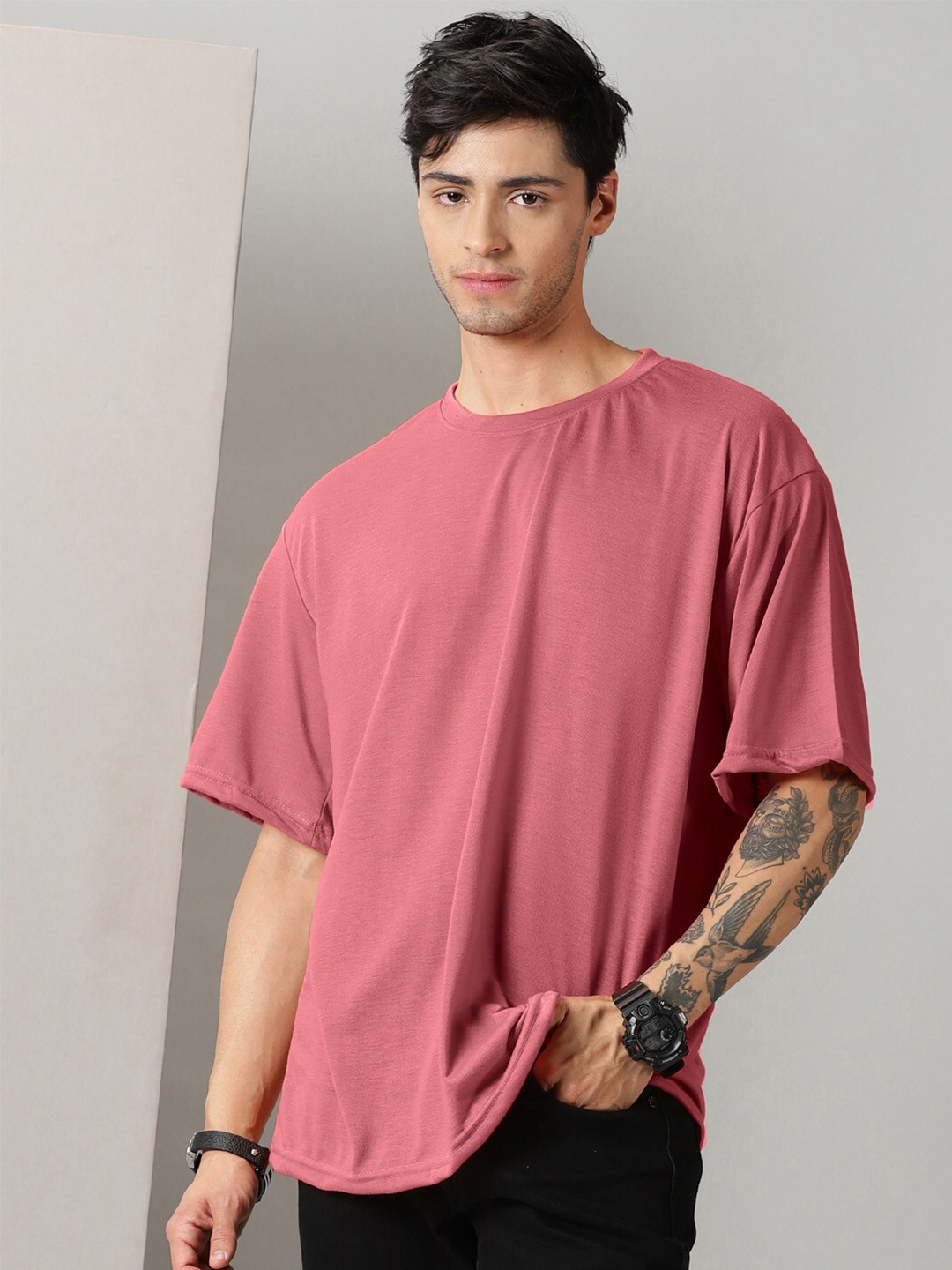 

Rodzen Drop-Shoulder Sleeves Oversized Cotton T-shirt, Mauve