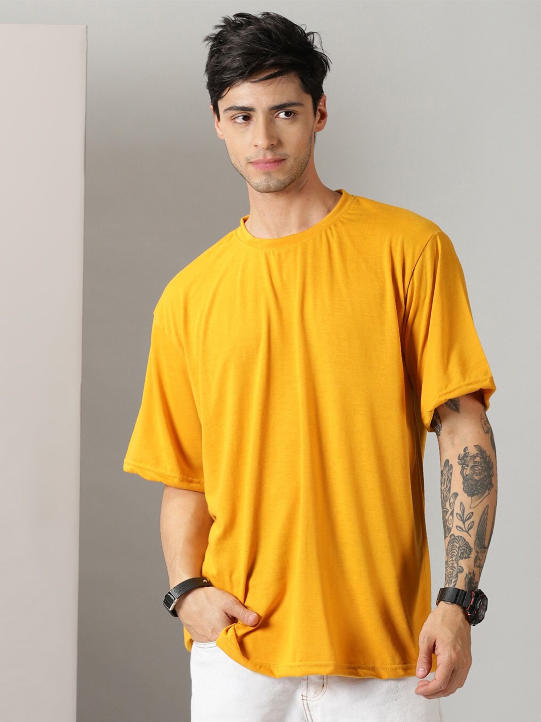 

Rodzen Drop-Shoulder Sleeves Oversized Cotton T-shirt, Mustard