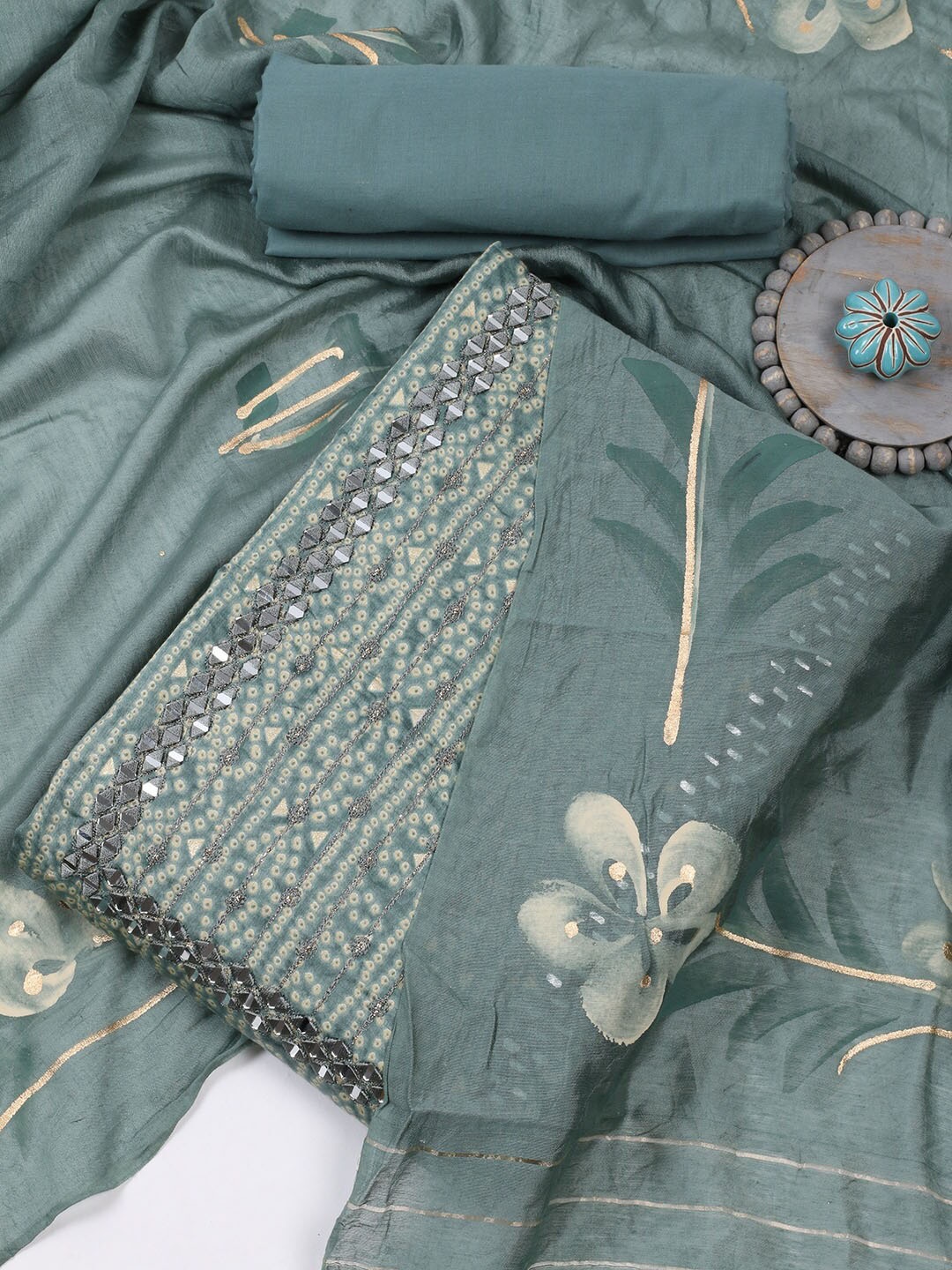 

Meena Bazaar Bandhani Printed Mirror Work Unstitched Dress Material, Sea green