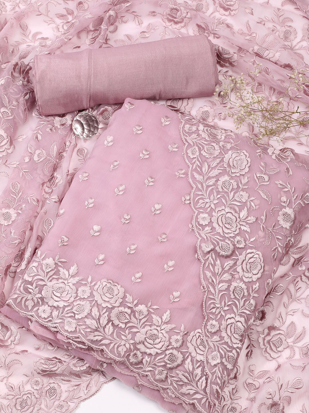

Meena Bazaar Floral Embroidered Unstitched Dress Material, Mauve