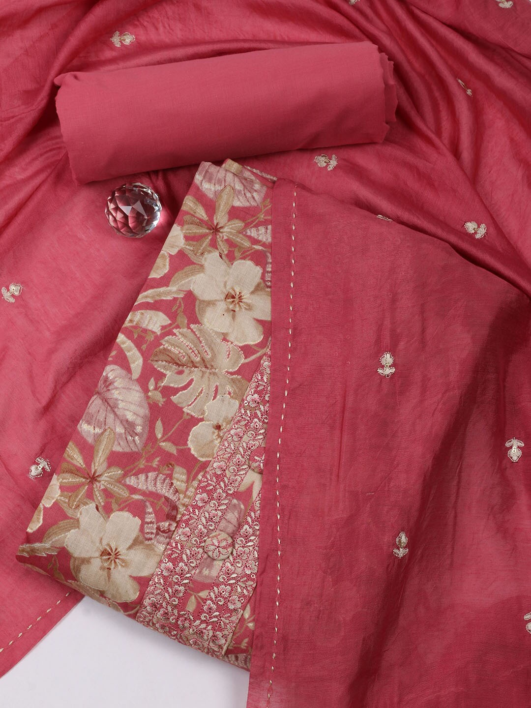 

Meena Bazaar Floral Printed Unstitched Dress Material, Pink