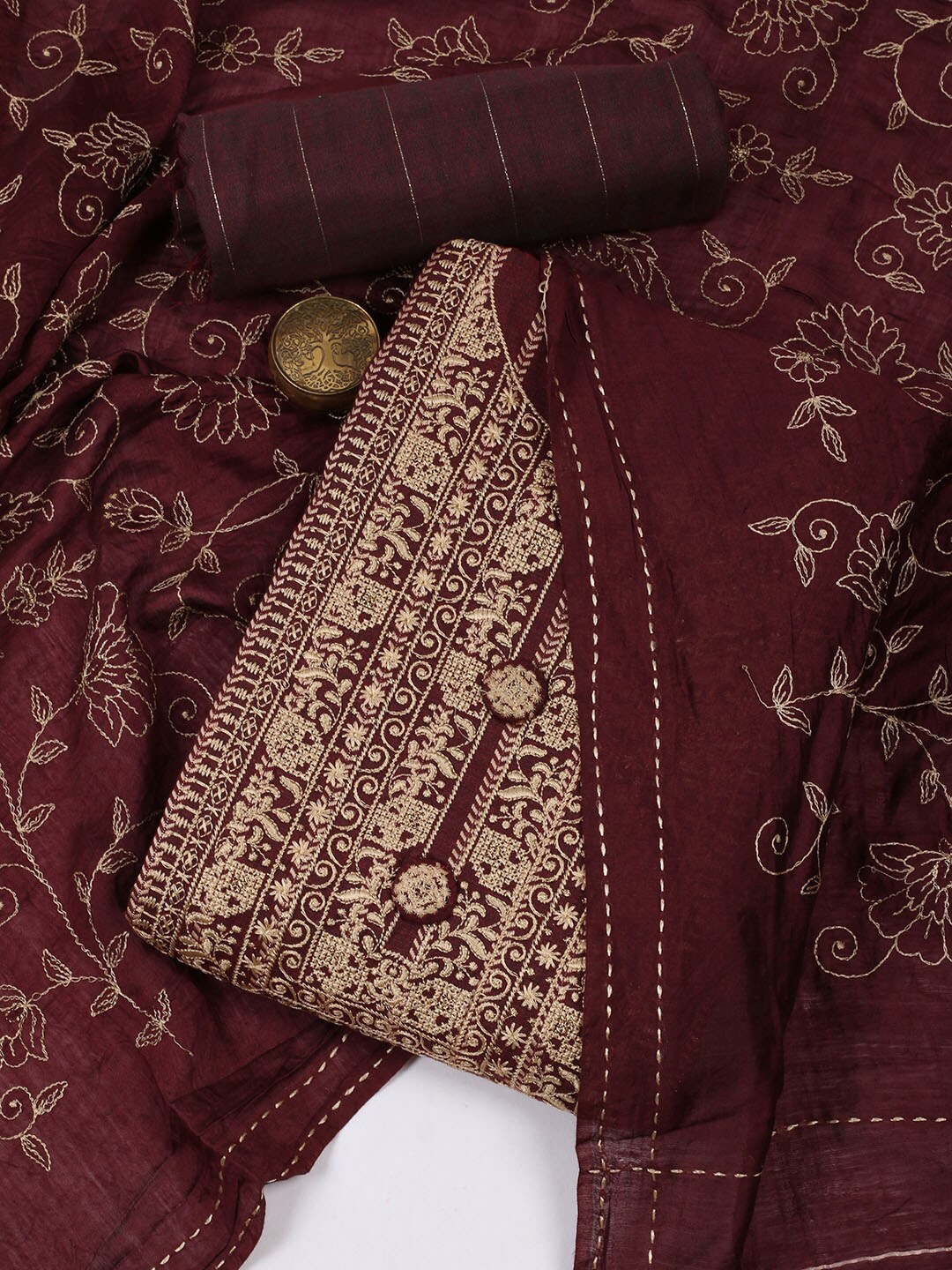 

Meena Bazaar Ethnic Motifs Embroidered Unstitched Dress Material, Maroon