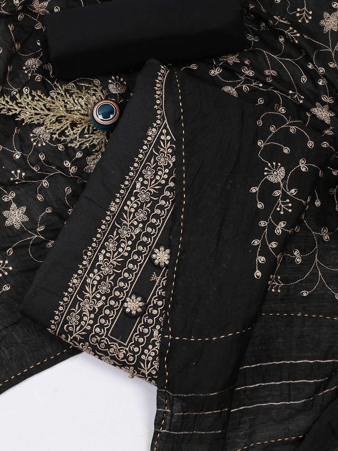 

Meena Bazaar Ethnic Motifs Embroidered Unstitched Dress Material, Black