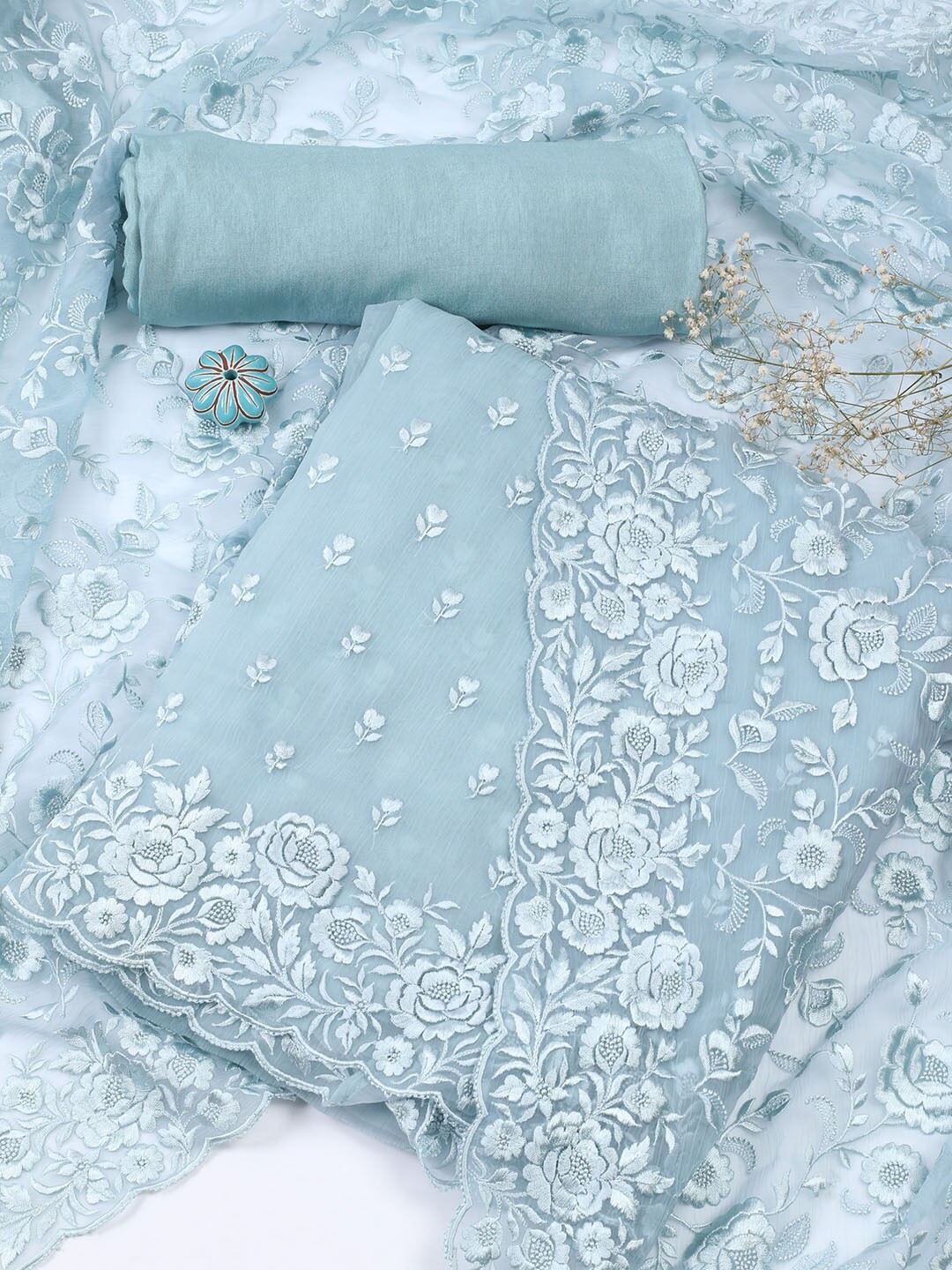 

Meena Bazaar Floral Embroidered Unstitched Dress Material, Blue