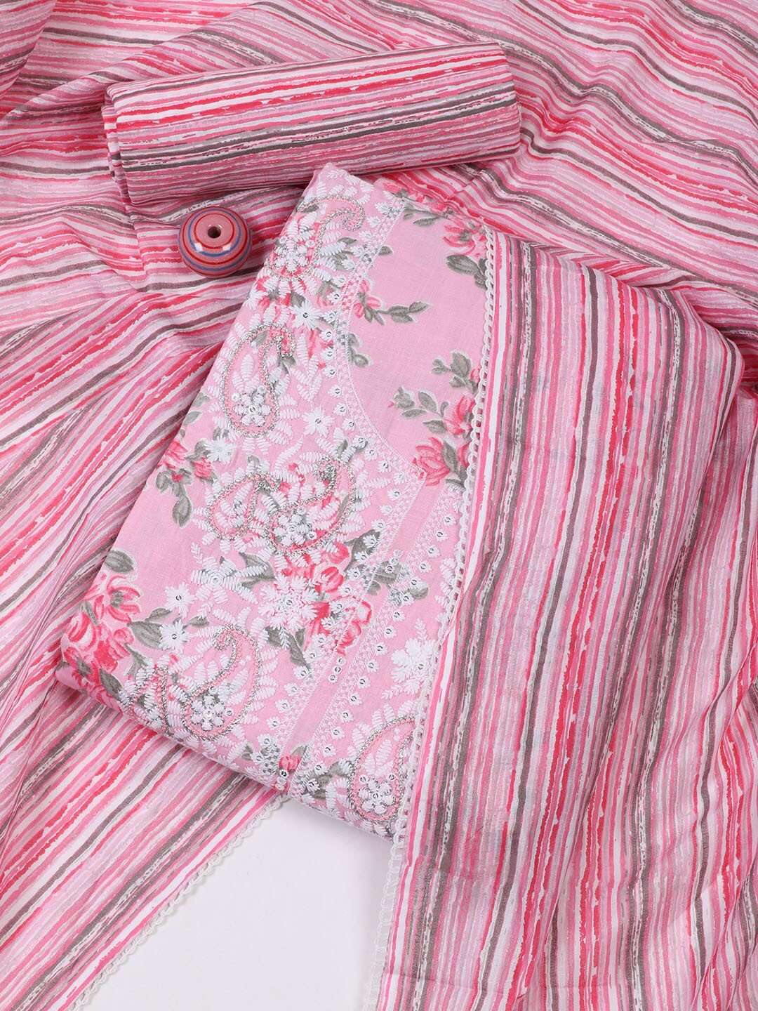 

Meena Bazaar Floral Printed Unstitched Dress Material, Pink