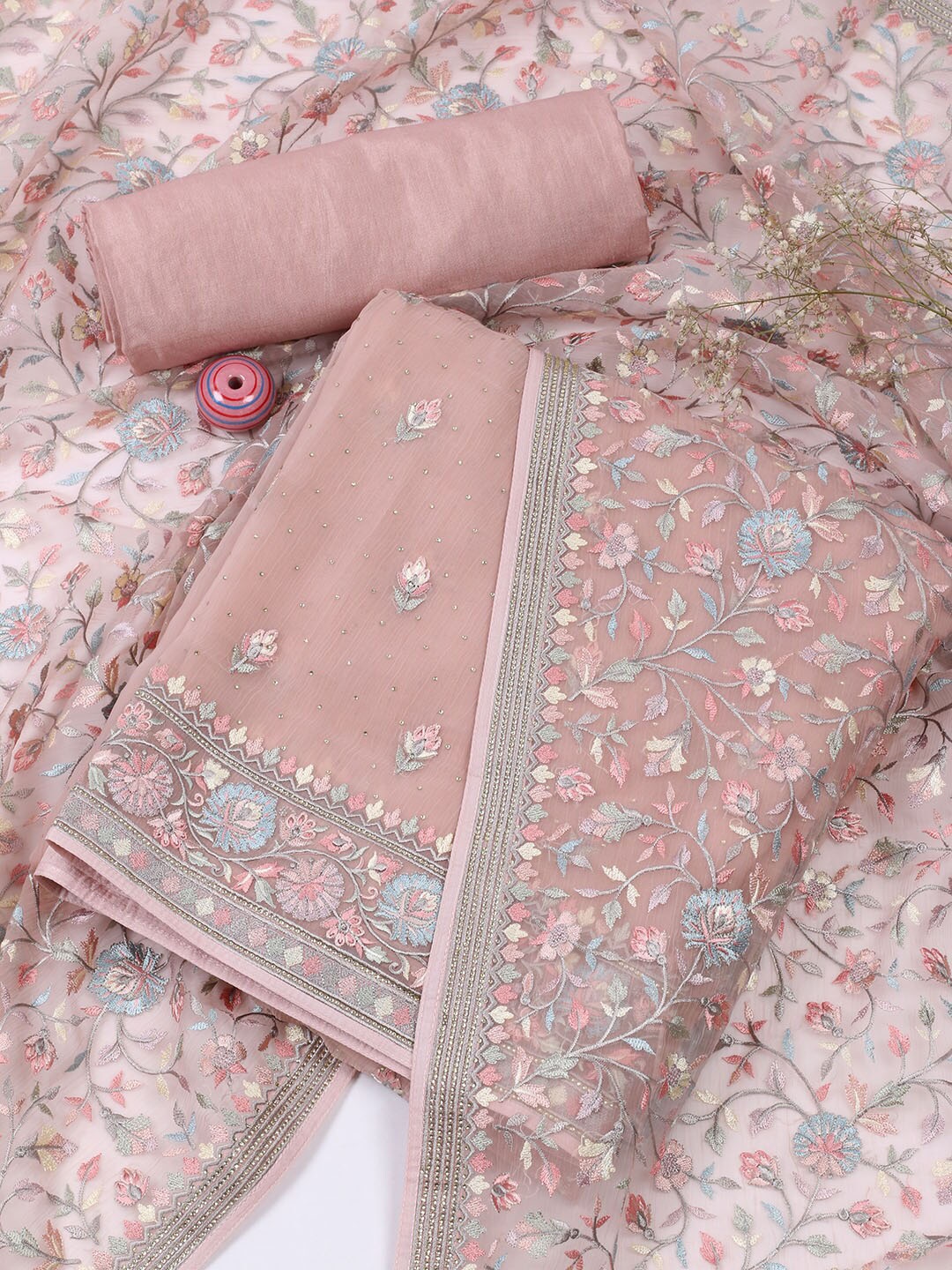 

Meena Bazaar Floral Embroidered Unstitched Dress Material, Peach