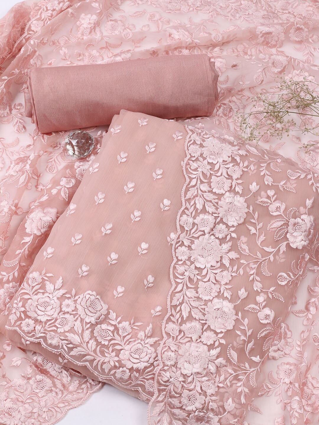 

Meena Bazaar Floral Embroidered Unstitched Dress Material, Peach