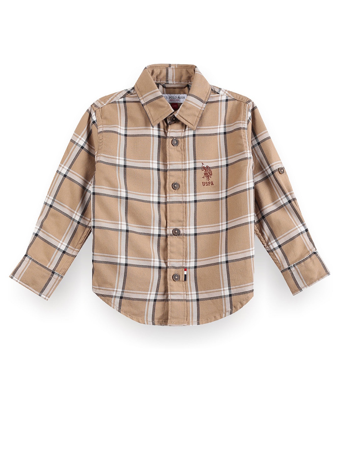 

U.S. Polo Assn. Kids Boys Classic Tartan Checks Spread Collar Cotton Casual Shirt, Brown