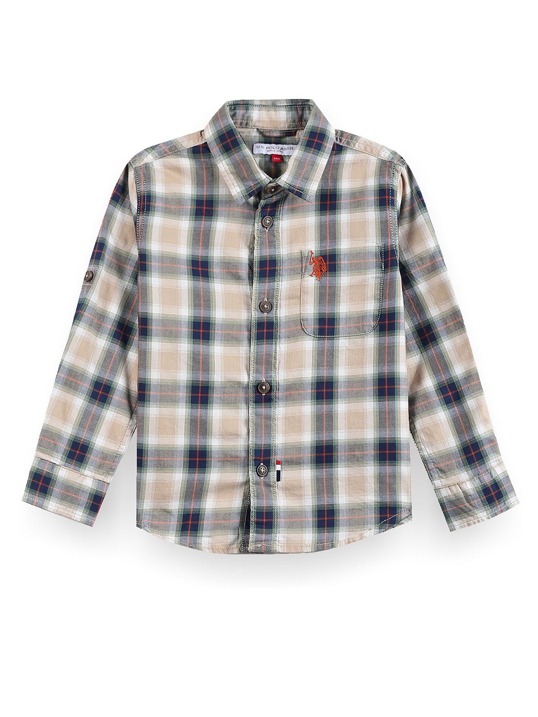

U.S. Polo Assn. Kids Boys Classic Tartan Checked Roll-Up Sleeves Pure Cotton Casual Shirt, Beige