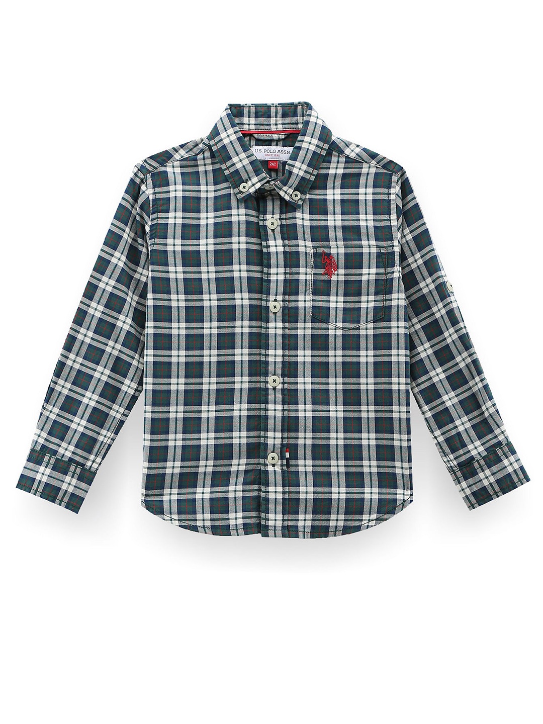 

U.S. Polo Assn. Kids Boys Classic Tartan Checks Spread Collar Cotton Casual Shirt, Green