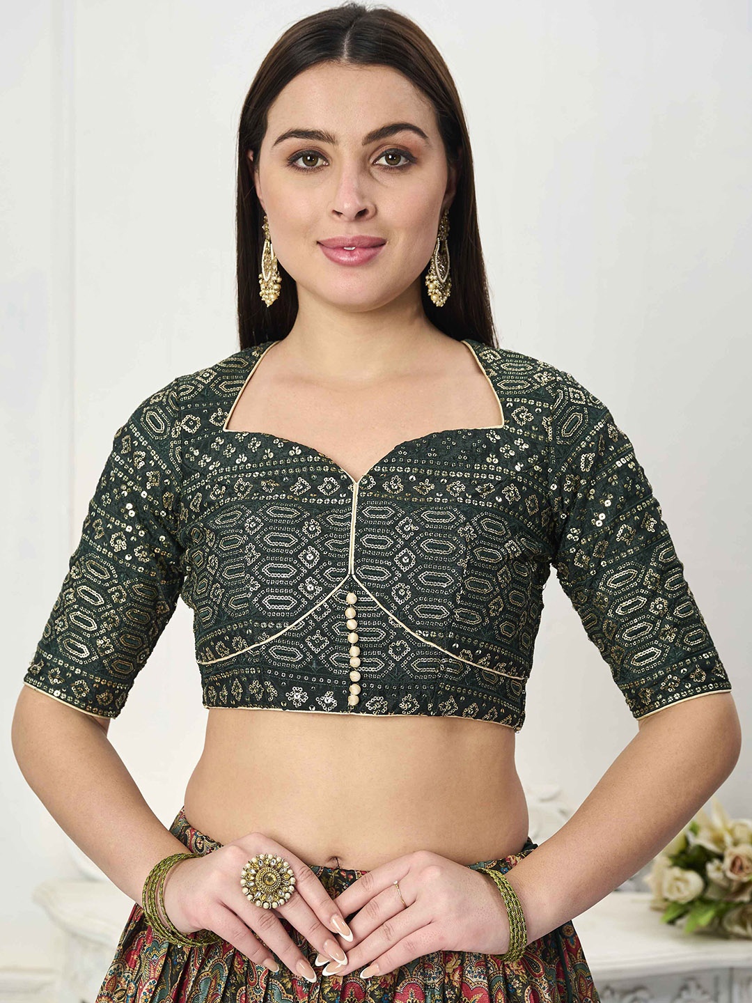 

Ethnovog Sequin Embroidered Saree Blouse, Green