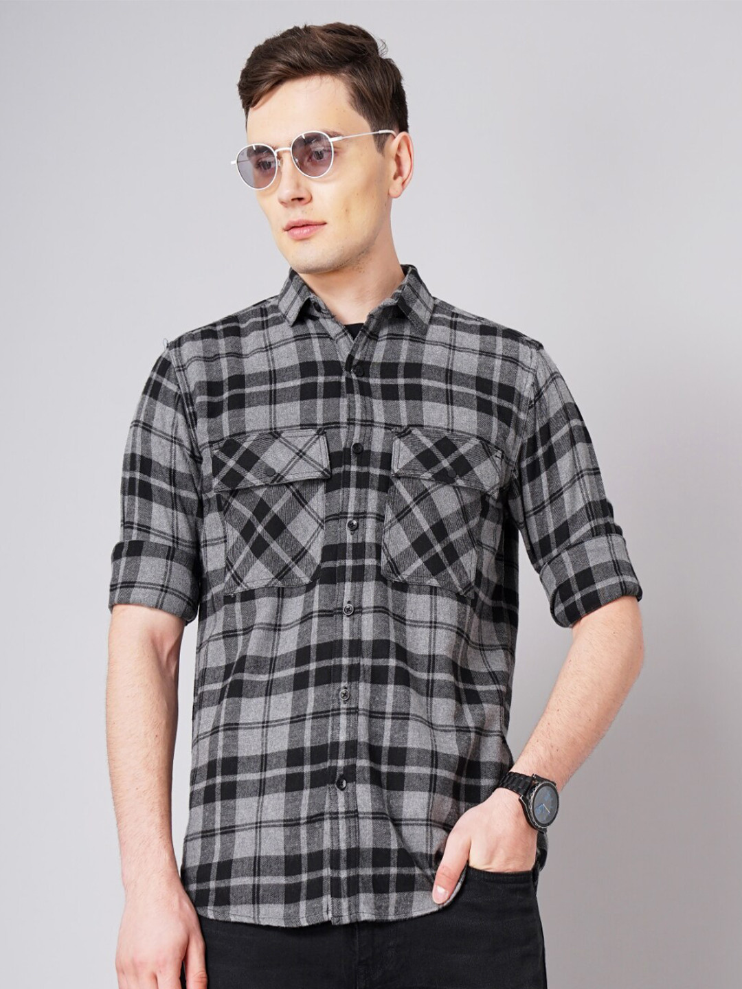 

PAUL STREET Standard Slim Fit Tartan Checked Cotton Casual Shirt, Black