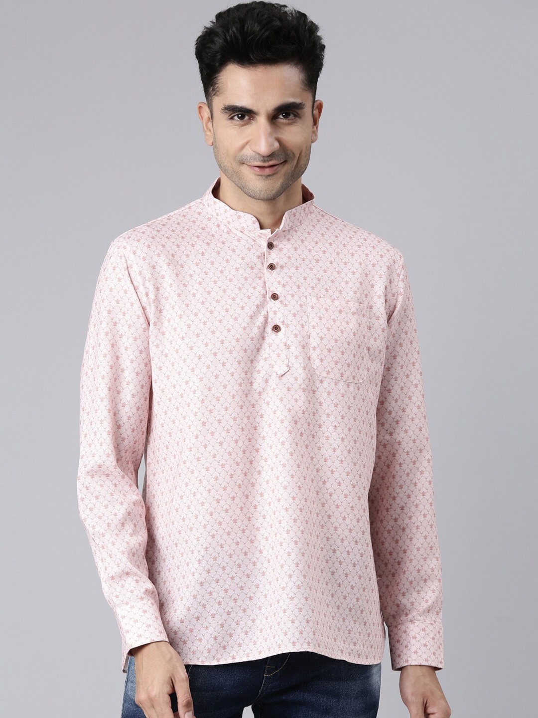 

Rishika Geometric Printed Mandarin Collar Cotton Short Kurta, Pink