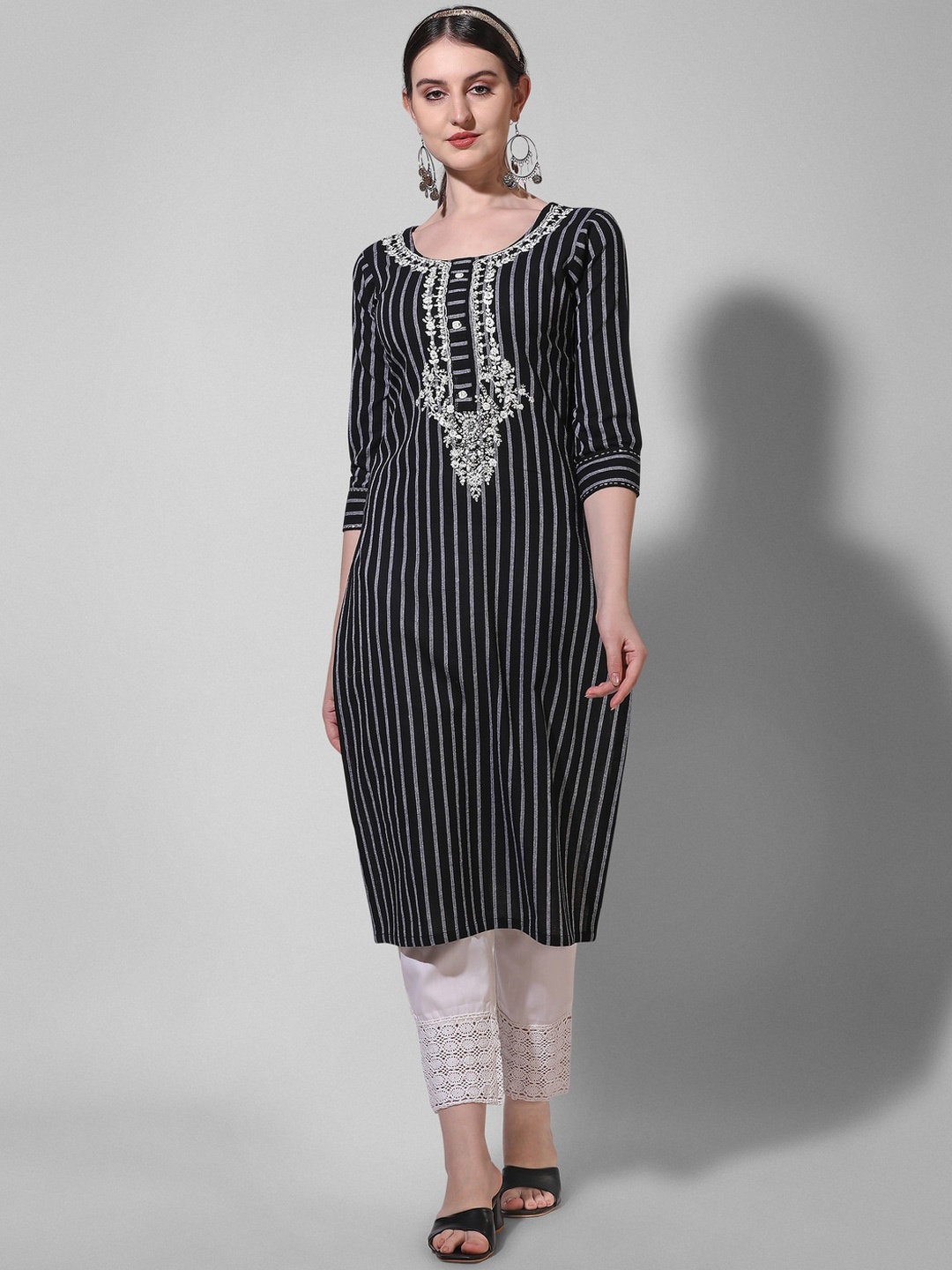 

KALINI Embroidered Regular Kurta With Trousers, Black