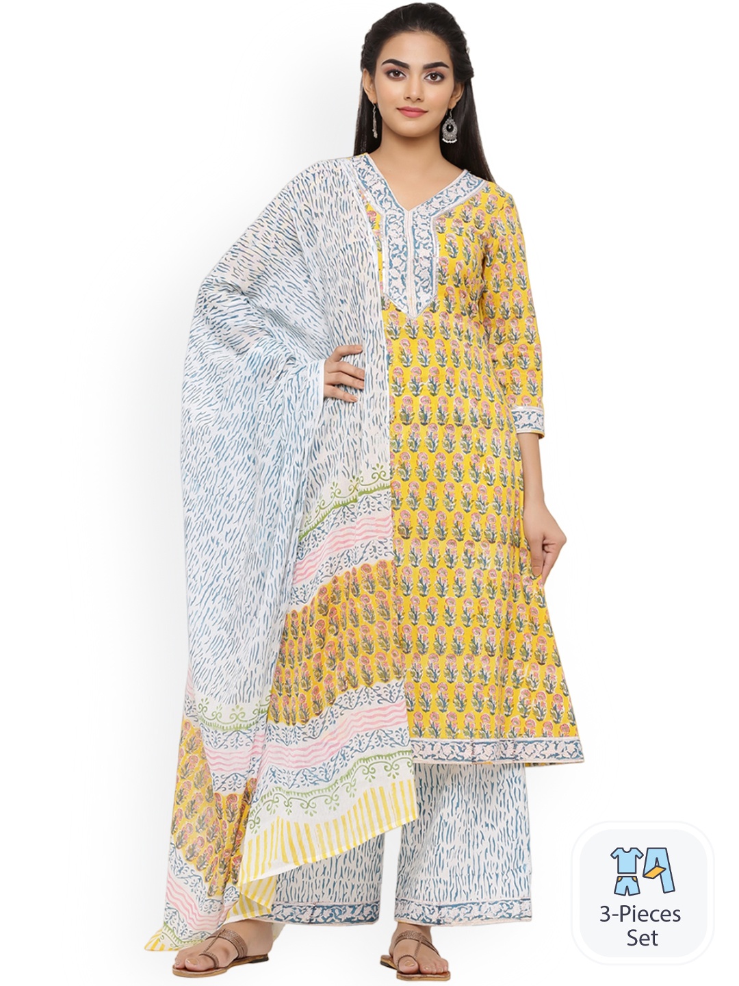 

mirari Floral Printed Pure Cotton Regular Kurta with Palazzos & With Dupatta, Yellow