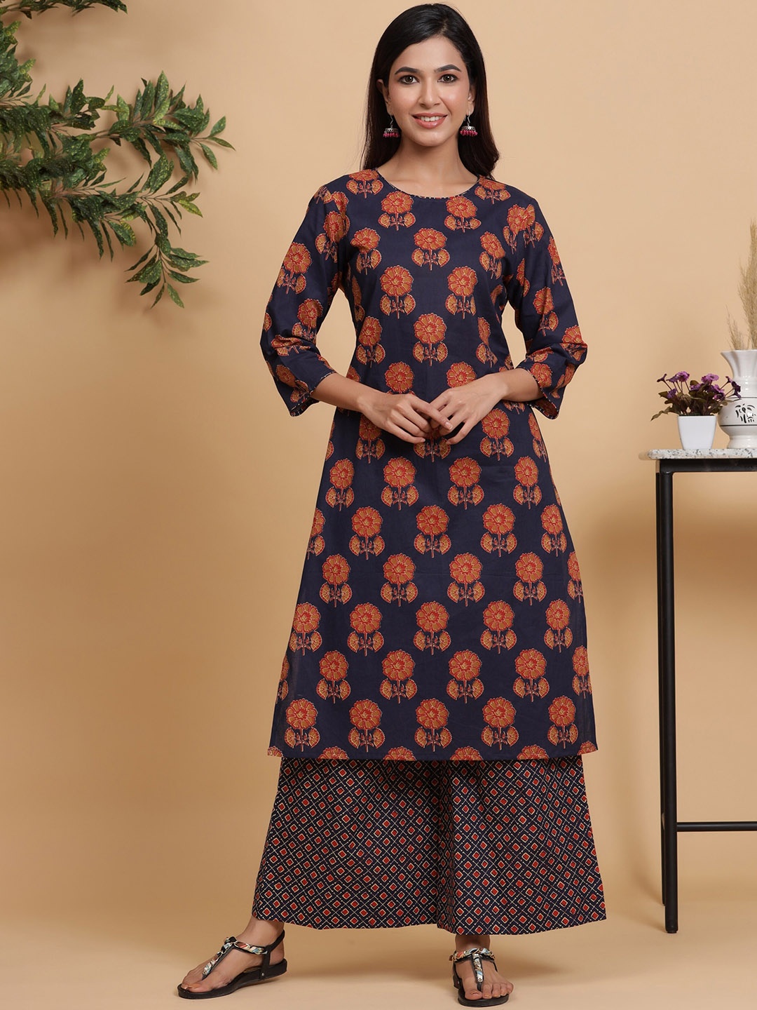 

mirari Floral Printed Regular Pure Cotton Kurta with Palazzos, Blue