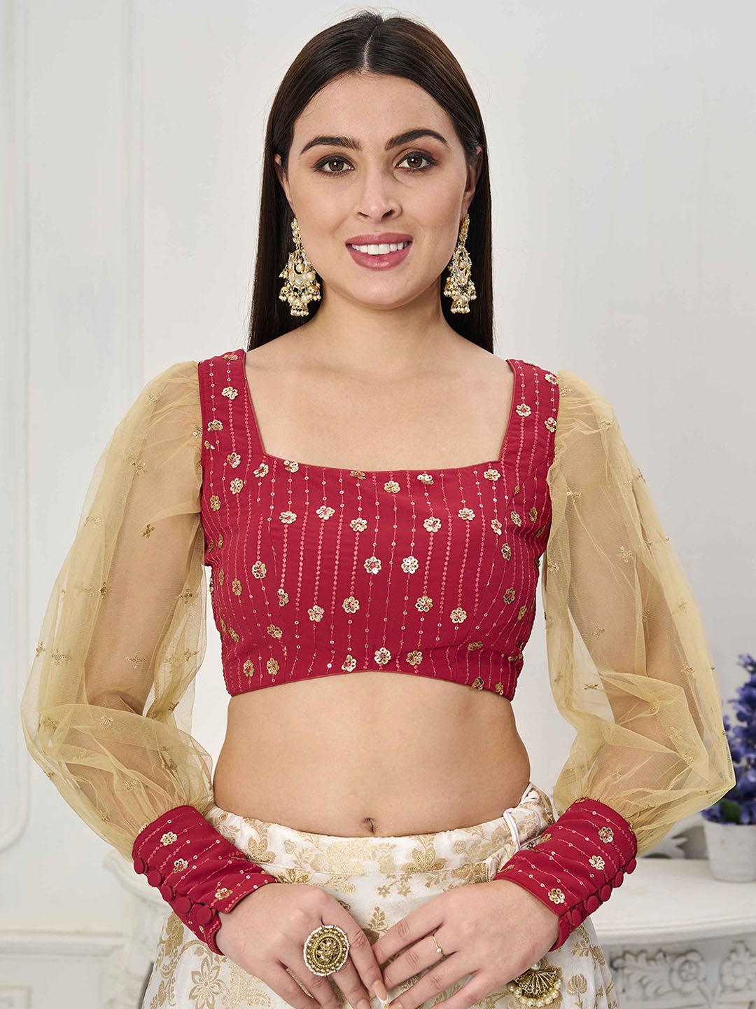 

Ethnovog Embroidered Square Neck Ready To Wear Saree Blouse, Pink