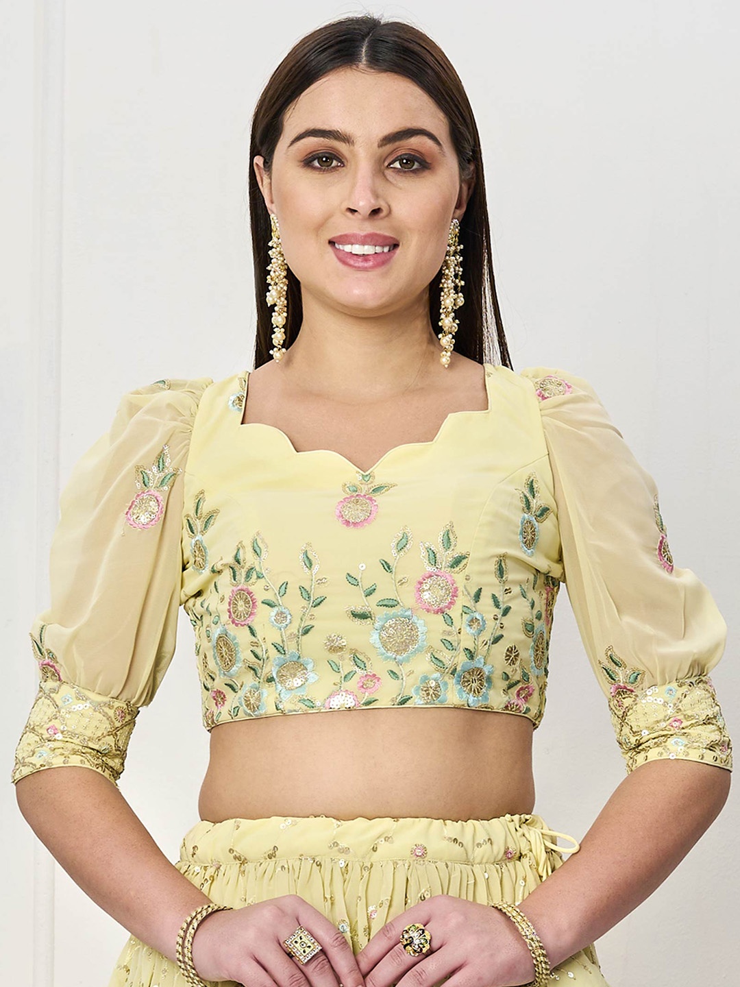 

Ethnovog Embroidered Scalloped Neck Ready To Wear Saree Blouse, Yellow