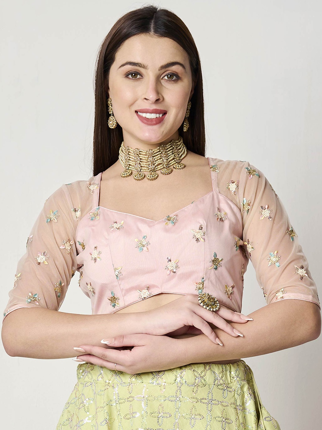 

Ethnovog Embroidered Sweetheart Neck Ready To Wear Net Saree Blouse, Peach