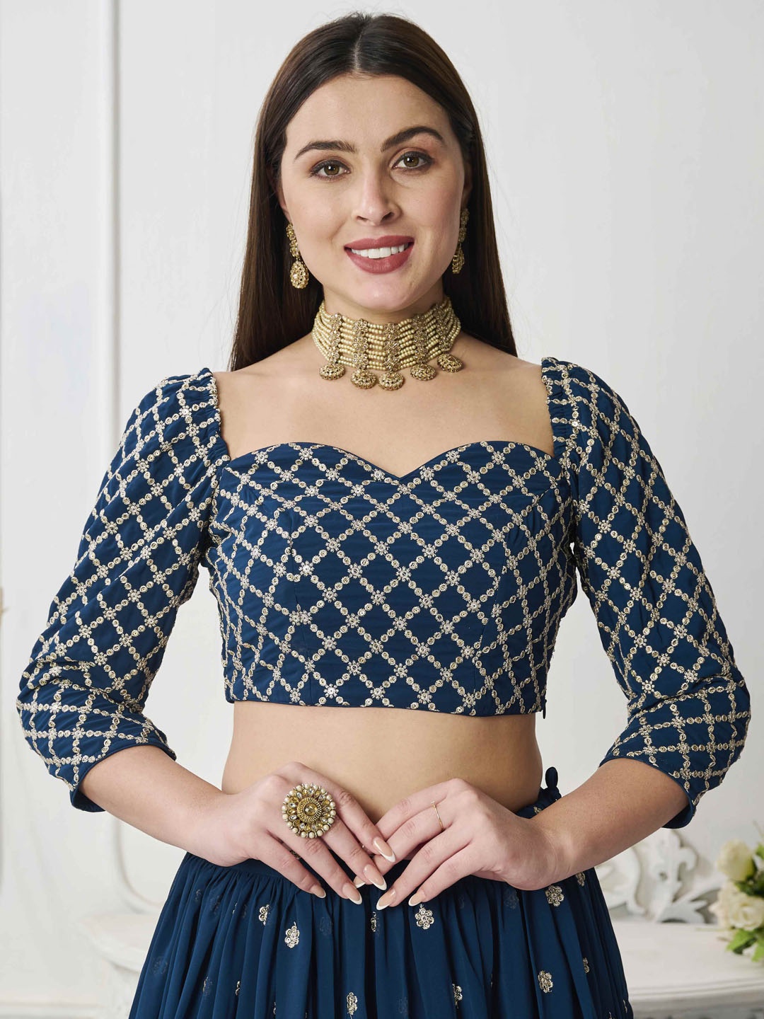 

Ethnovog Embroidered Sweetheart Neck Ready To Wear Saree Blouse, Blue