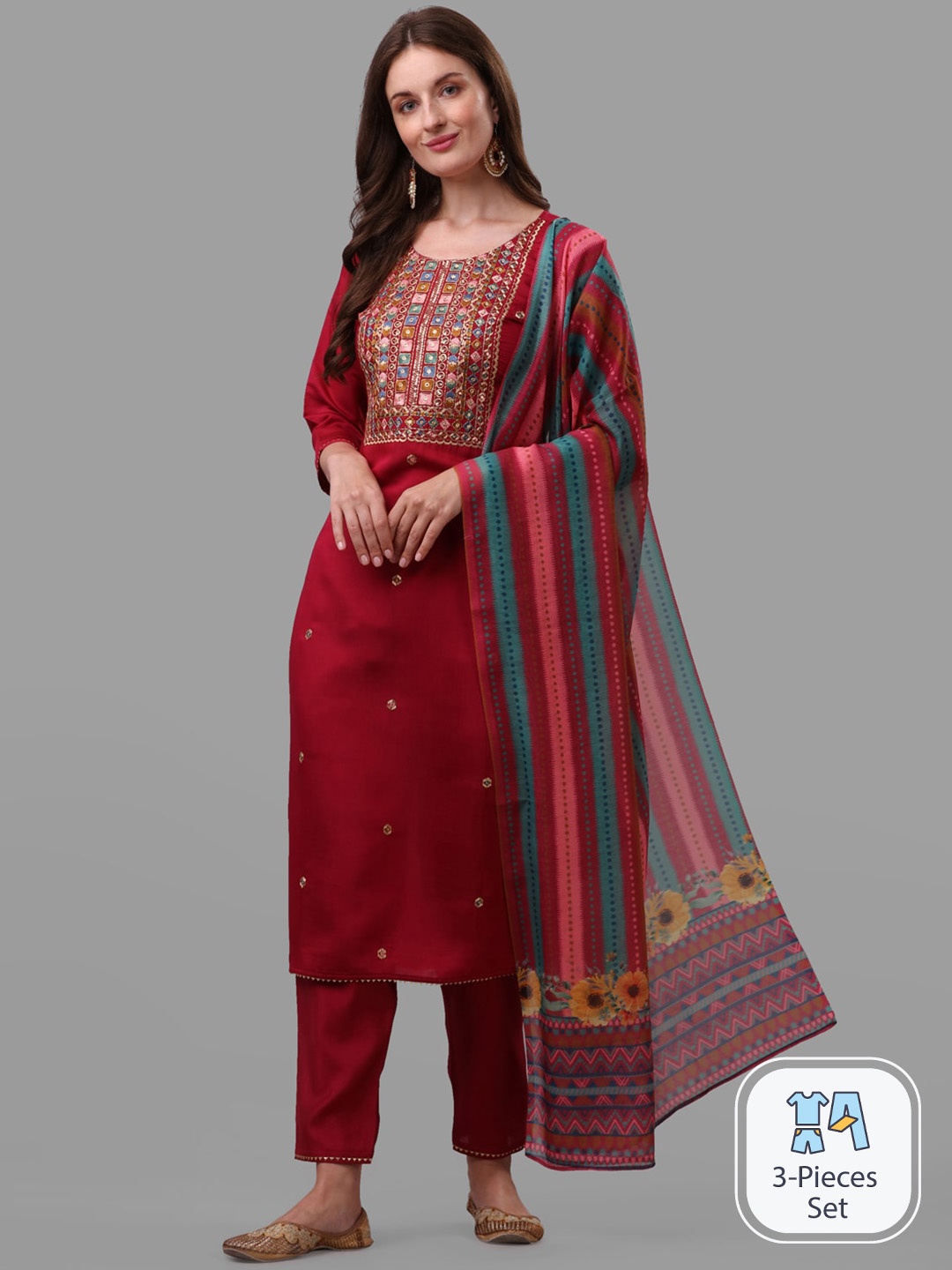 

KALINI Embroidered Chanderi Cotton Kurta with Trousers & Dupatta, Pink