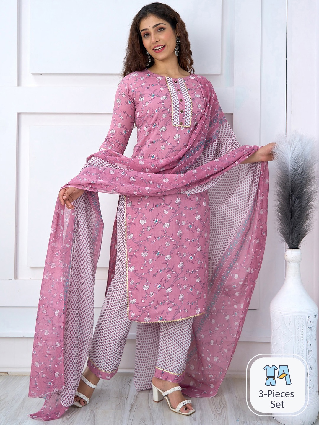 

SURHI Floral Printed Regular Gotta Patti Pure Cotton Kurta With Trousers & Dupatta, Pink