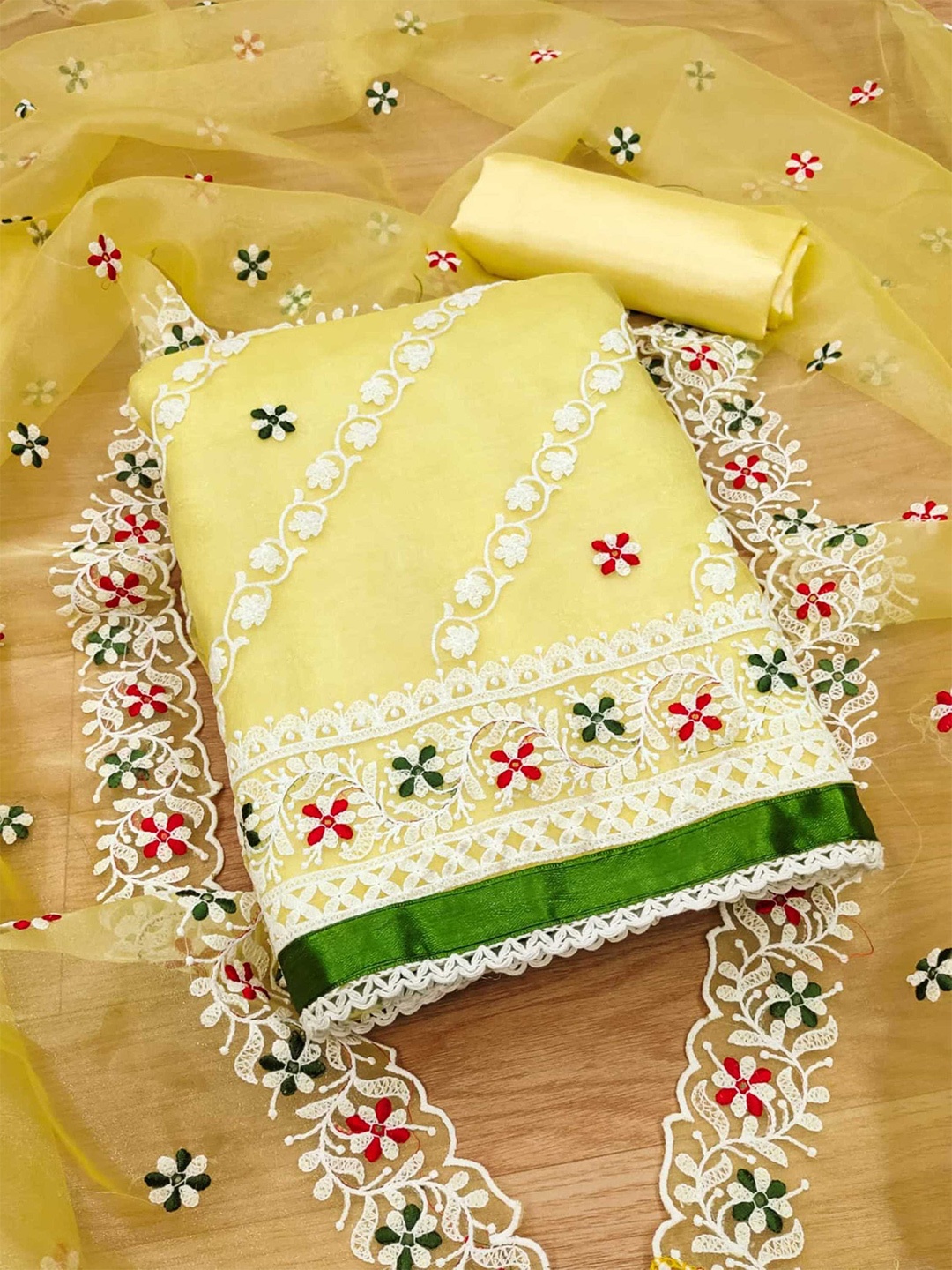 

KALINI Floral Embroidered Organza Unstitched Dress Material, Yellow