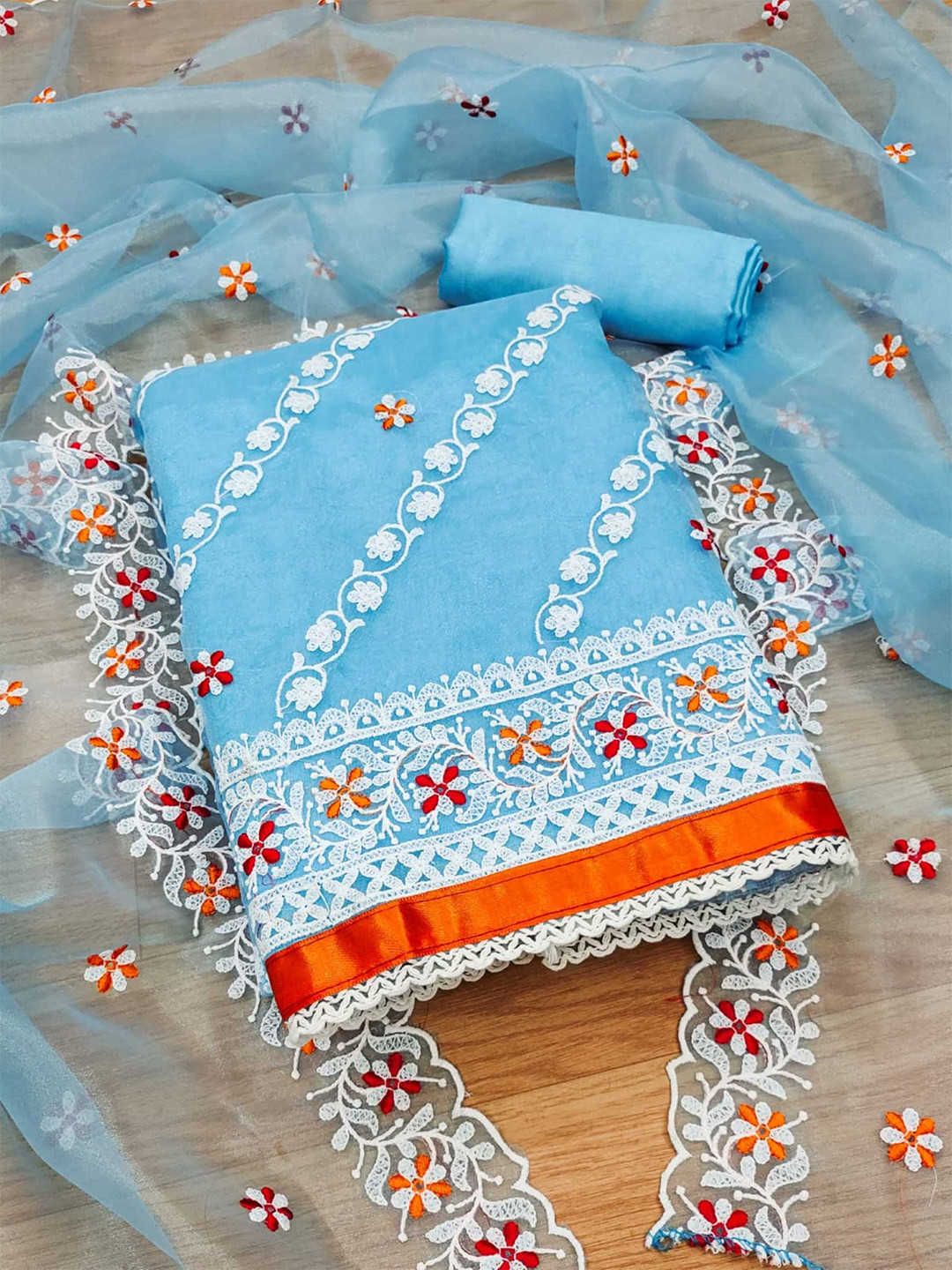 

KALINI Floral Embroidered Organza Unstitched Dress Material, Blue