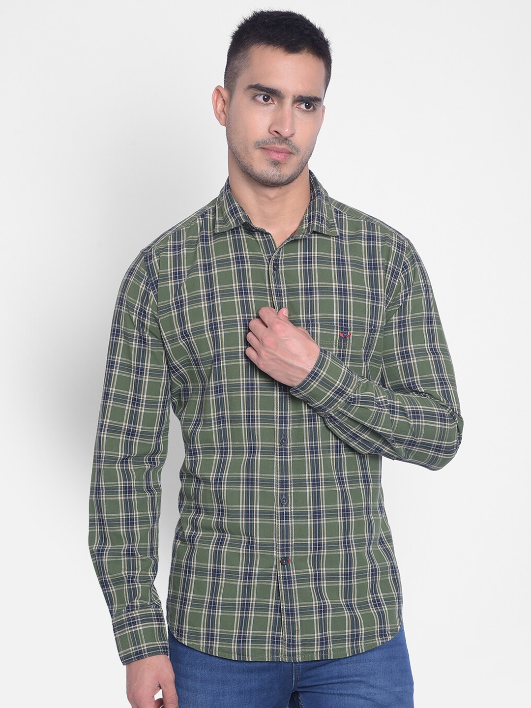 

Crimsoune Club Slim Fit Tartan Checked Opaque Pure Cotton Casual Shirt, Olive