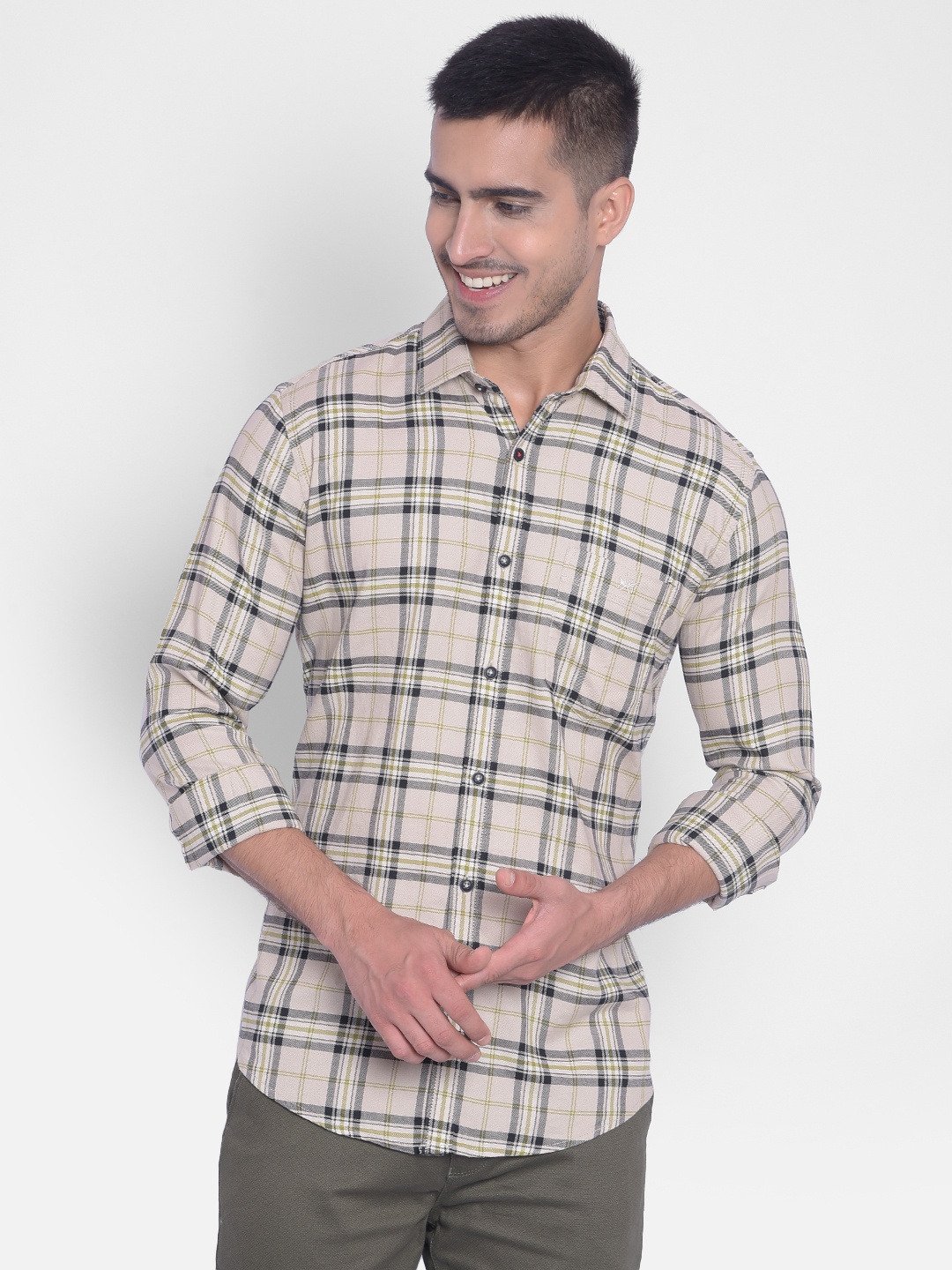 

Crimsoune Club Slim Fit Tartan Checked Pure Cotton Casual Shirt, Beige