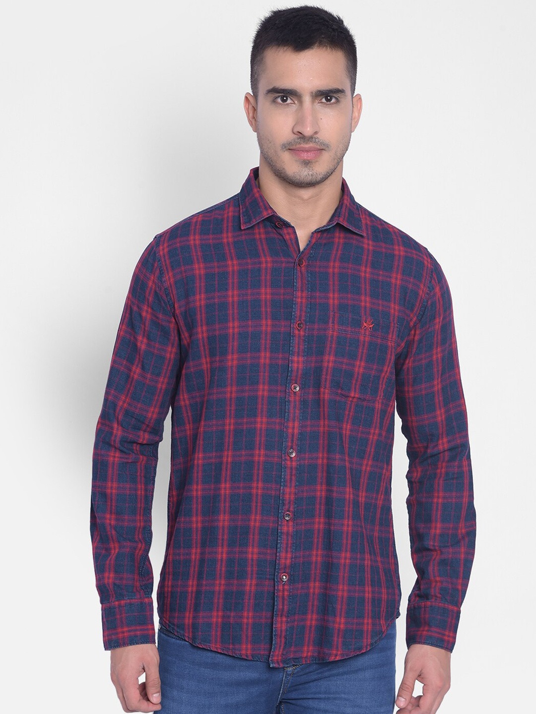 

Crimsoune Club Slim Fit Tartan Checks Checked Pure Cotton Casual Shirt, Navy blue