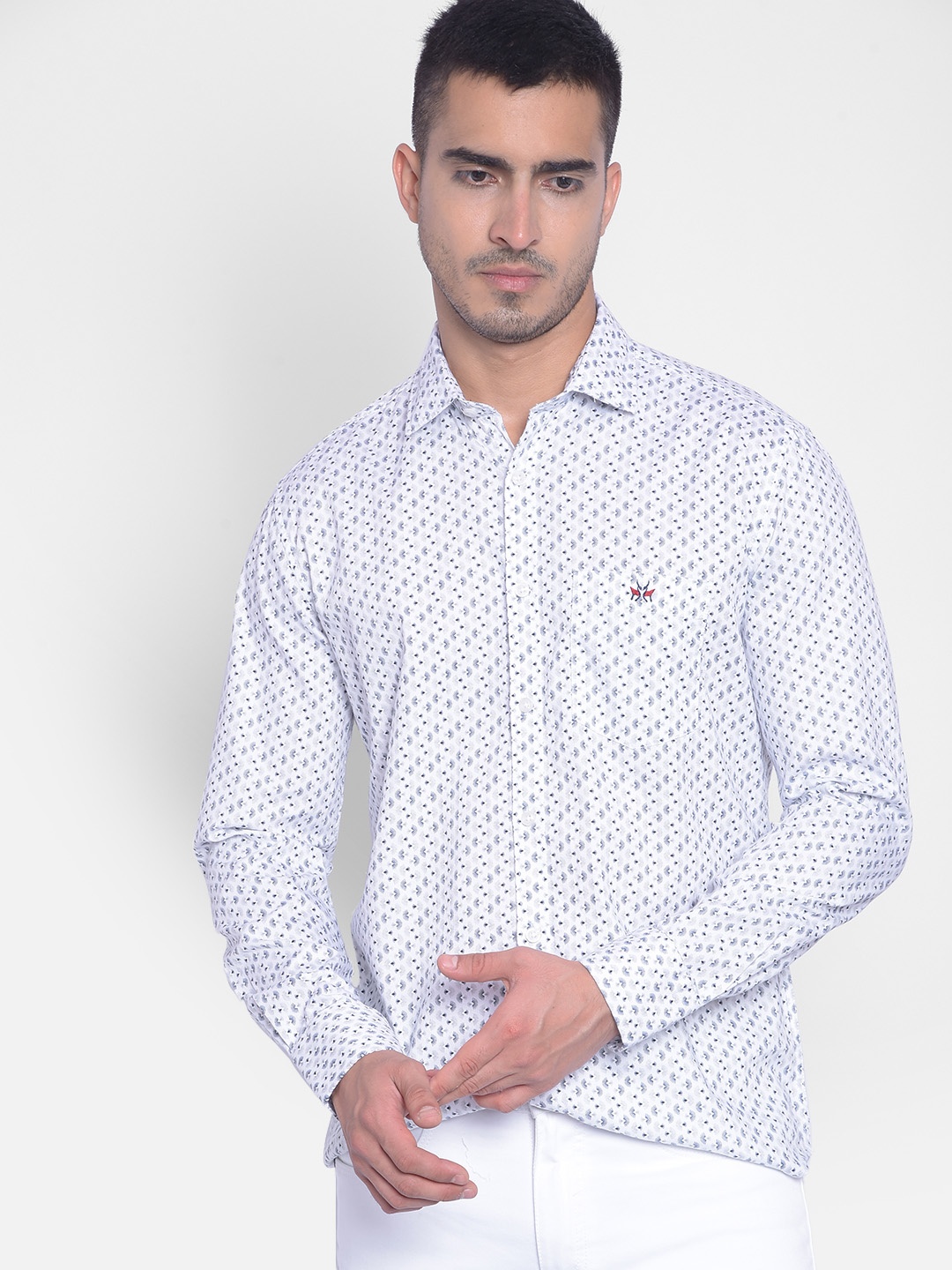 

Crimsoune Club Slim Fit Printed Spread Collar Pure Cotton Casual Shirt, White