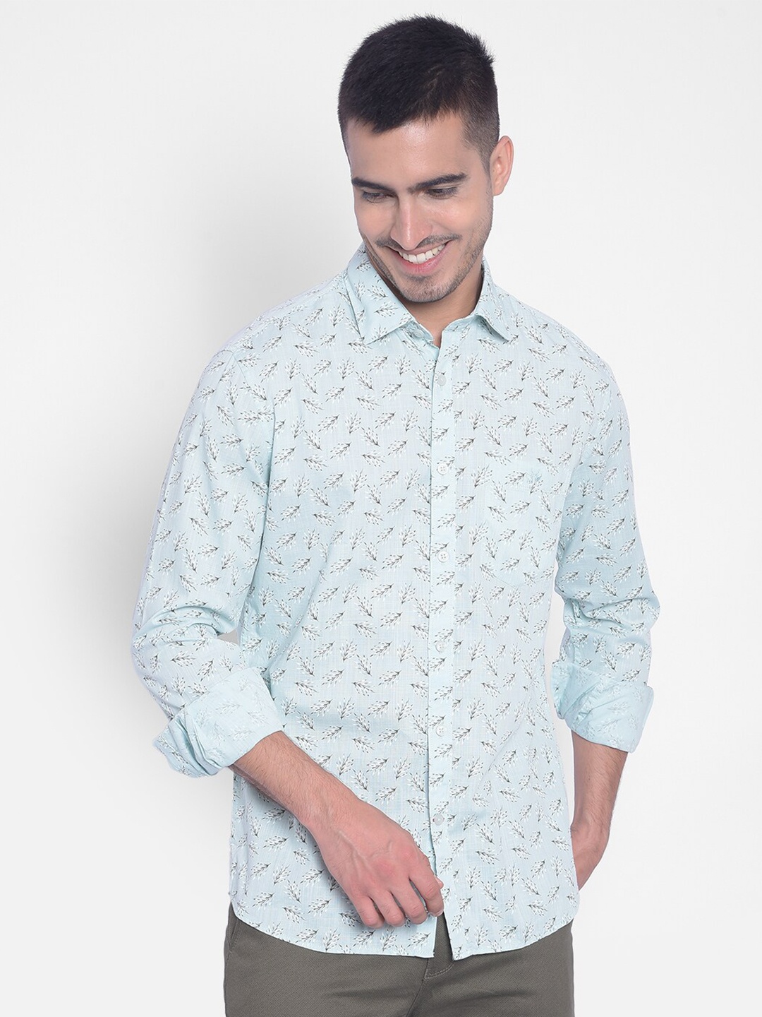 

Crimsoune Club Slim Fit Opaque Floral Printed Pure Cotton Casual Shirt, Sea green