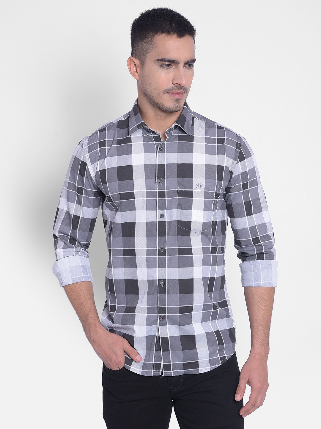 

Crimsoune Club Slim Fit Tartan Checks Checked Pure Cotton Casual Shirt, Grey