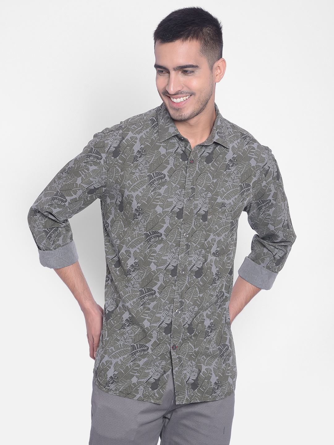 

Crimsoune Club Slim Fit Tropical Printed Pure Cotton Casual Shirt, Olive