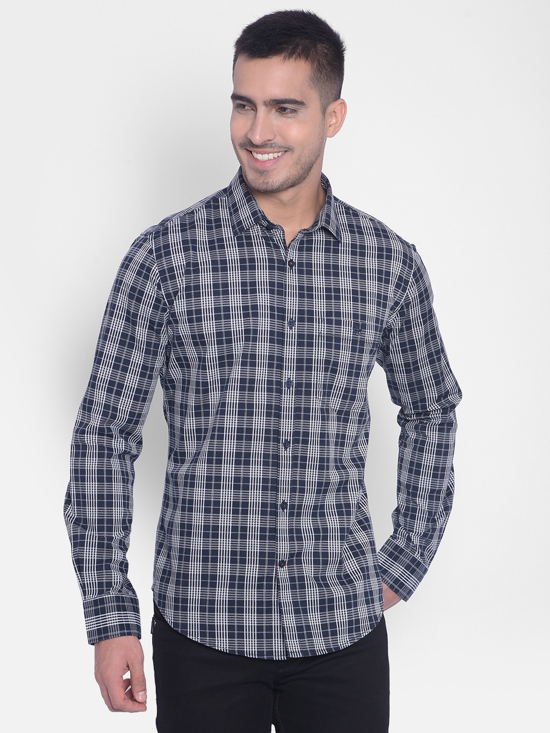 

Crimsoune Club Slim Fit Tartan Checked Pure Cotton Casual Shirt, Navy blue